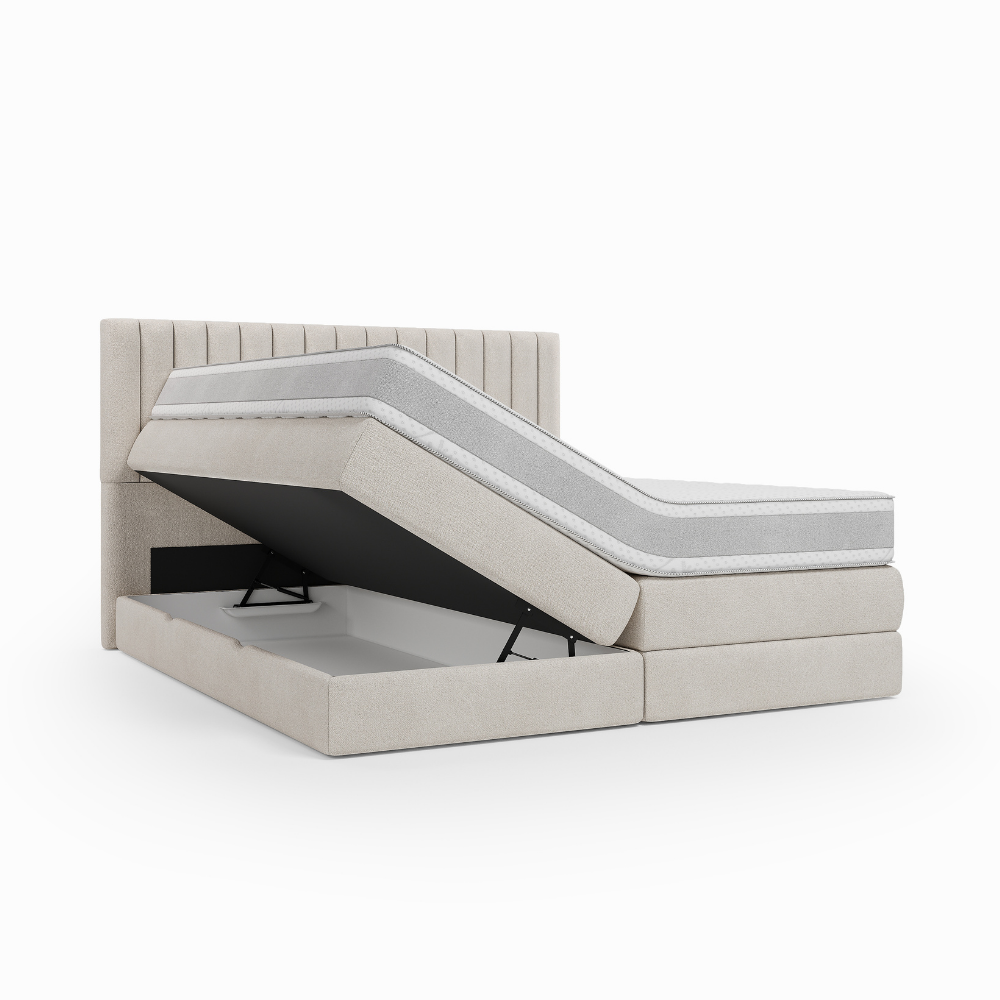 Lit BOXSPRING ROCHELLE - Avec tête de lit, coffre intégré, matelas ressorts ensachés inclus