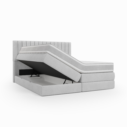 Lit BOXSPRING ROCHELLE - Avec tête de lit, coffre intégré, matelas ressorts ensachés inclus