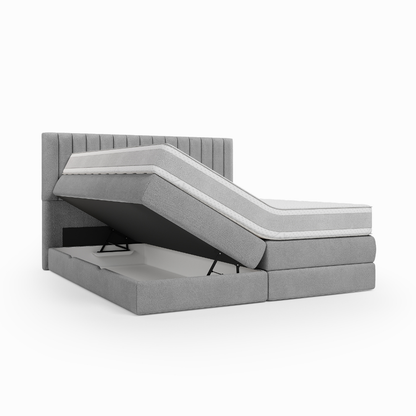 Lit BOXSPRING ROCHELLE - Avec tête de lit, coffre intégré, matelas ressorts ensachés inclus