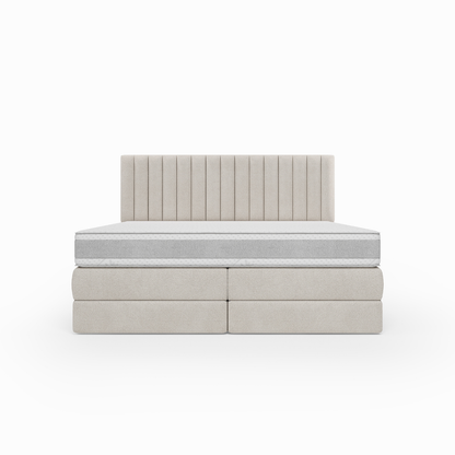 Lit BOXSPRING ROCHELLE - Avec tête de lit, coffre intégré, matelas ressorts ensachés inclus