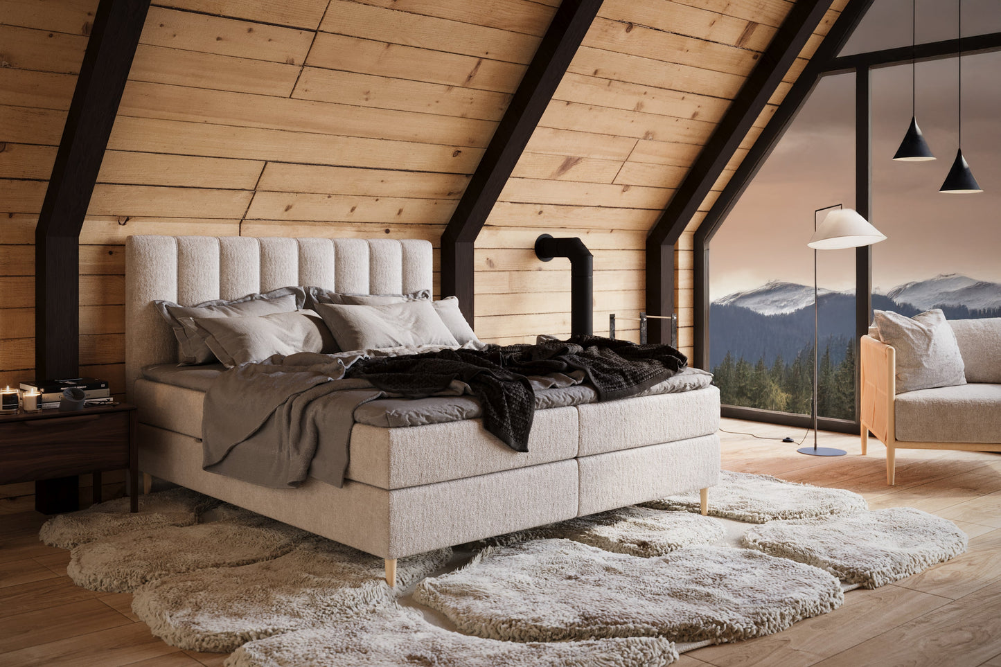 Lit BOXSPRING type BOXBED SOMMEIL - Avec tête de lit, coffre intégré, matelas ressorts ensachés et surmatelas inclus